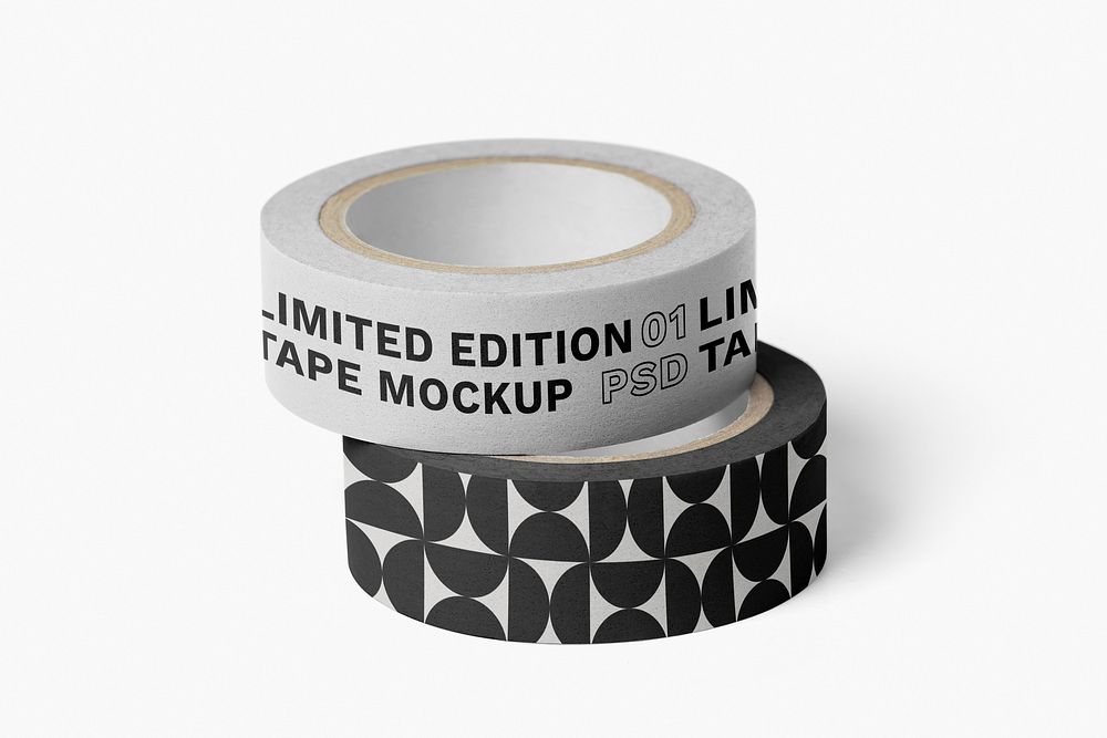 Washi tape roll mockups, black and white stationery design psd