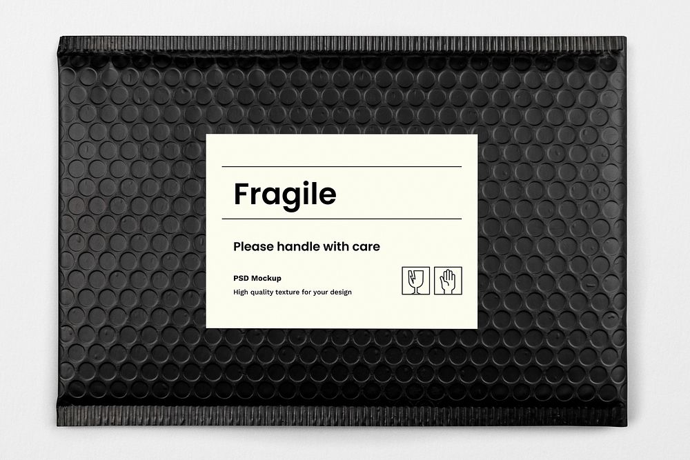 Fragile shipping label mockup, black bubble mailer bag psd