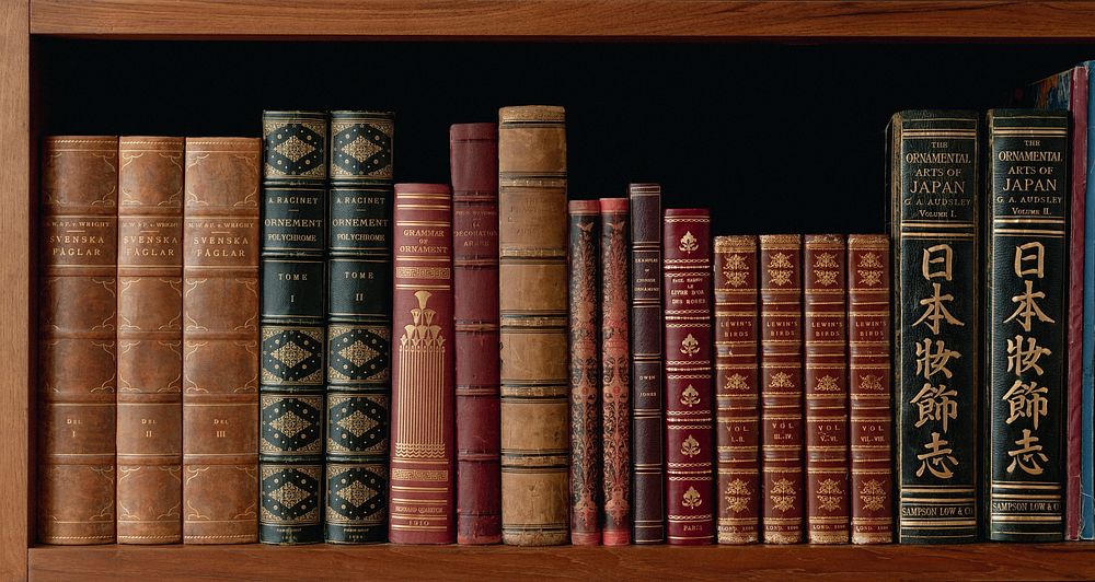 Antique books on a shelf, from our own original public domain library collection.