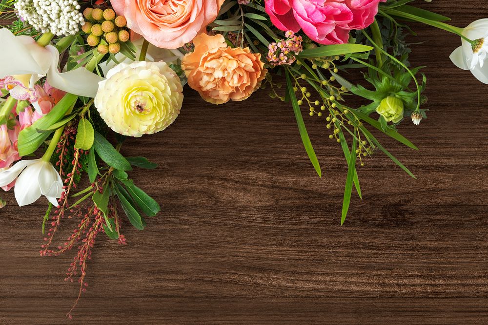 Flower border, wooden background, design space