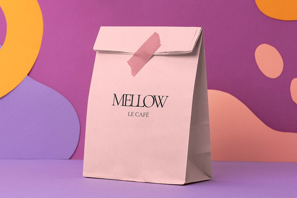 Pink paper bag mockup, takeaway food packaging psd