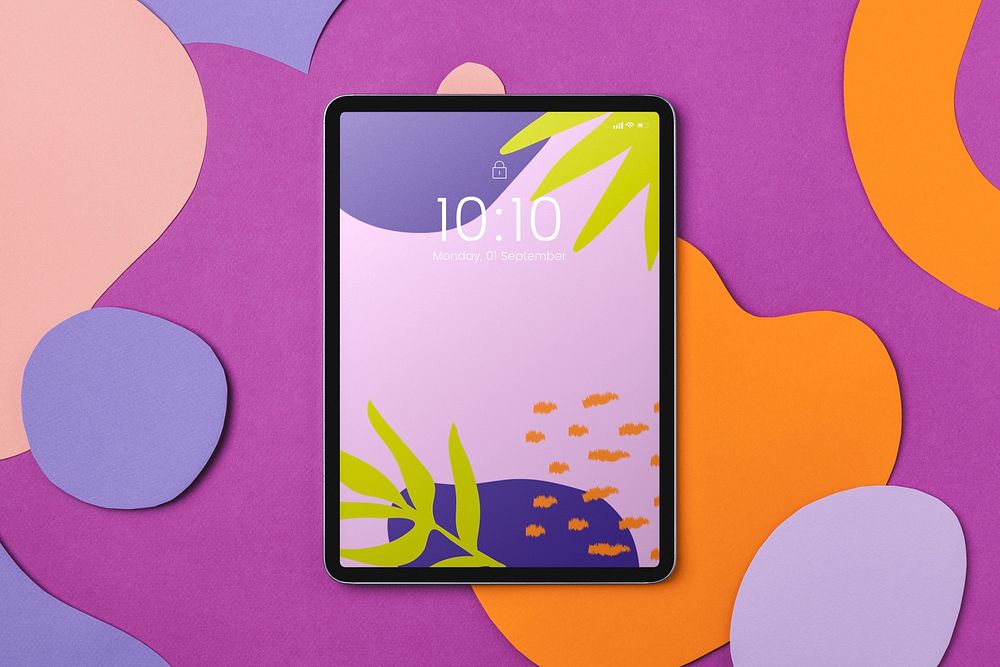 Tablet screen mockup, digital device with tropical design psd