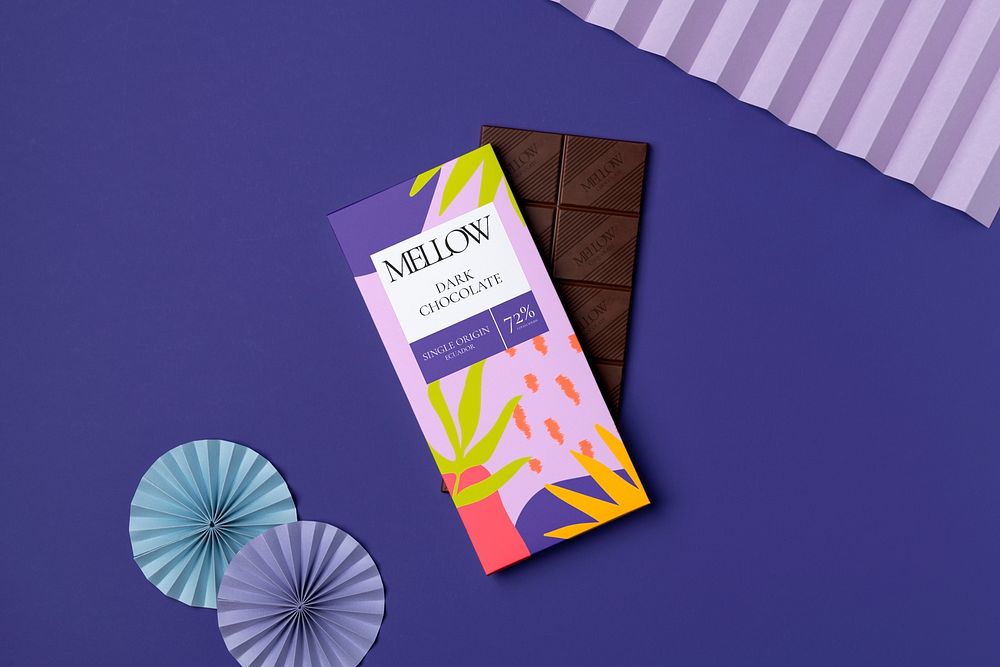 Chocolate bar mockup, food packaging, botanical design psd