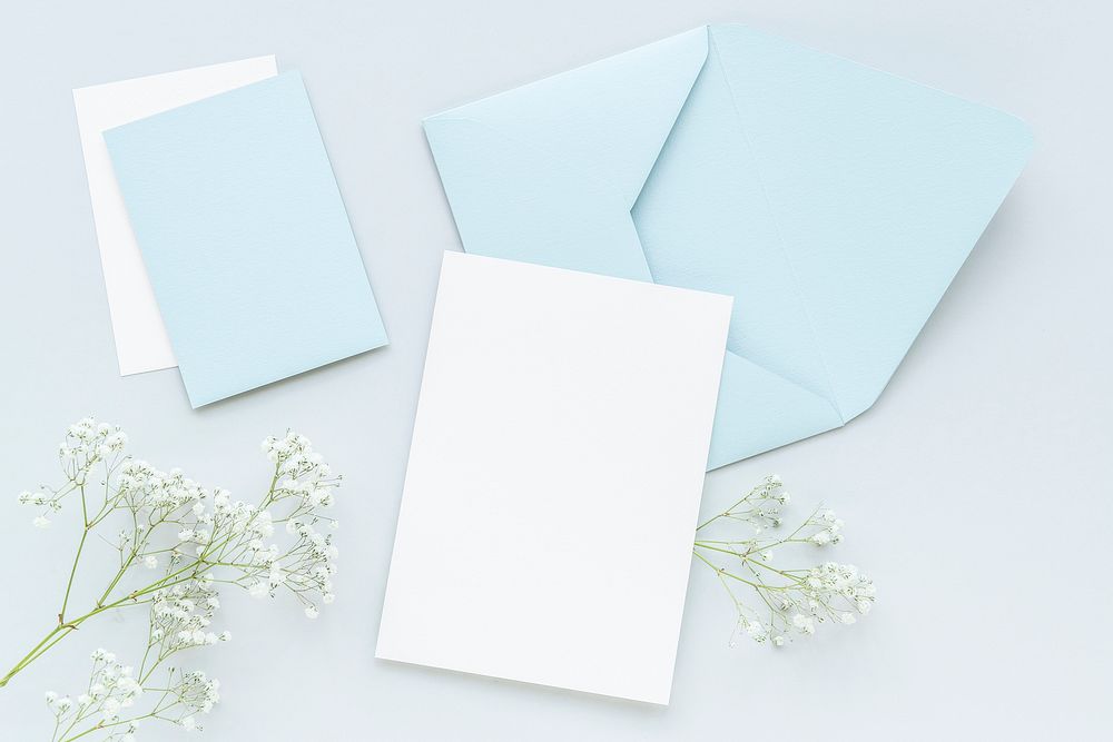 Blank blue and white cards decorated with white flower branch