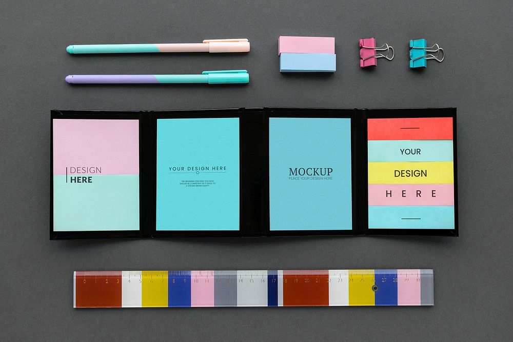 Set of colorful stationery on workspace