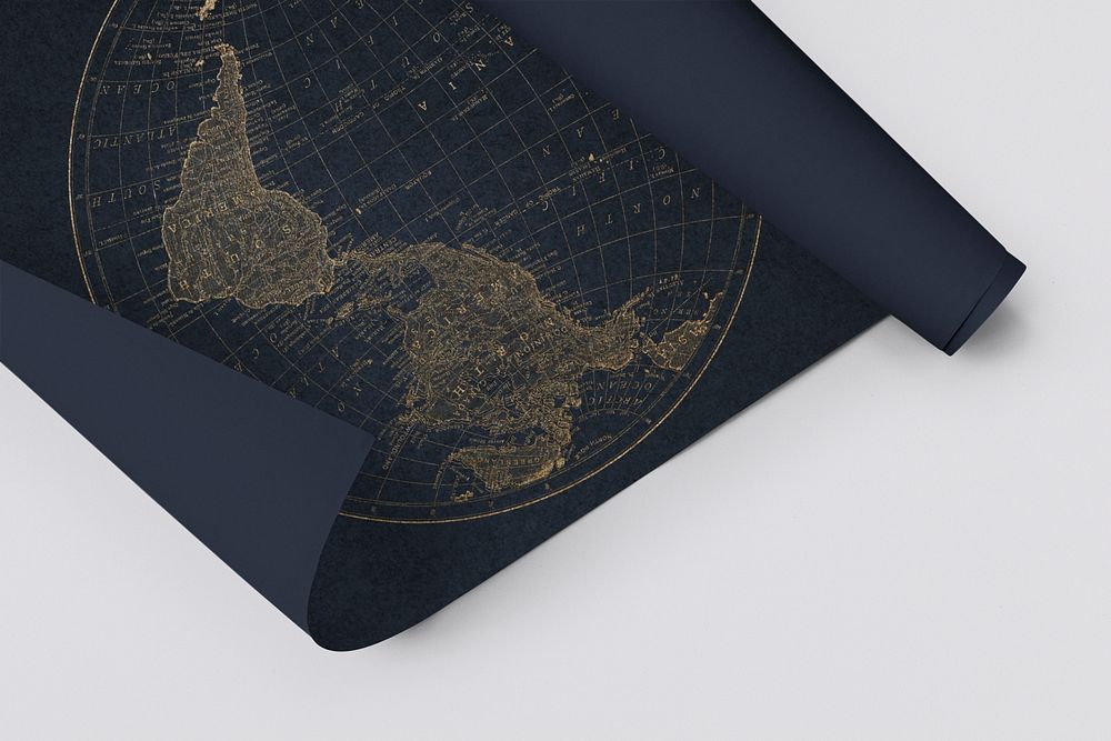 Rolled  navy blue world map mockup on a gray background