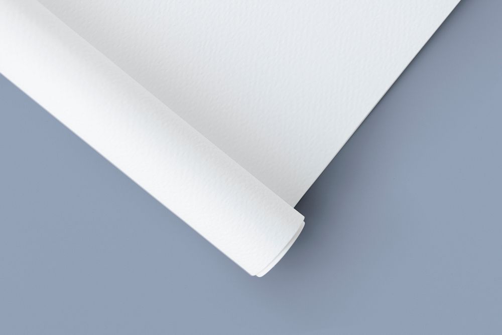 Blank white rolled chart paper mockup on a grayish blue background