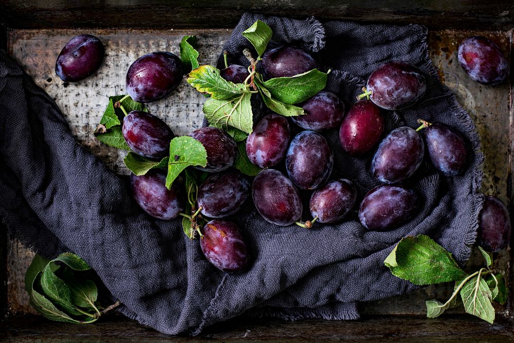Closeup of fresh plums on a tray. Visit Monika Grabkowska to see more of her food photography.
