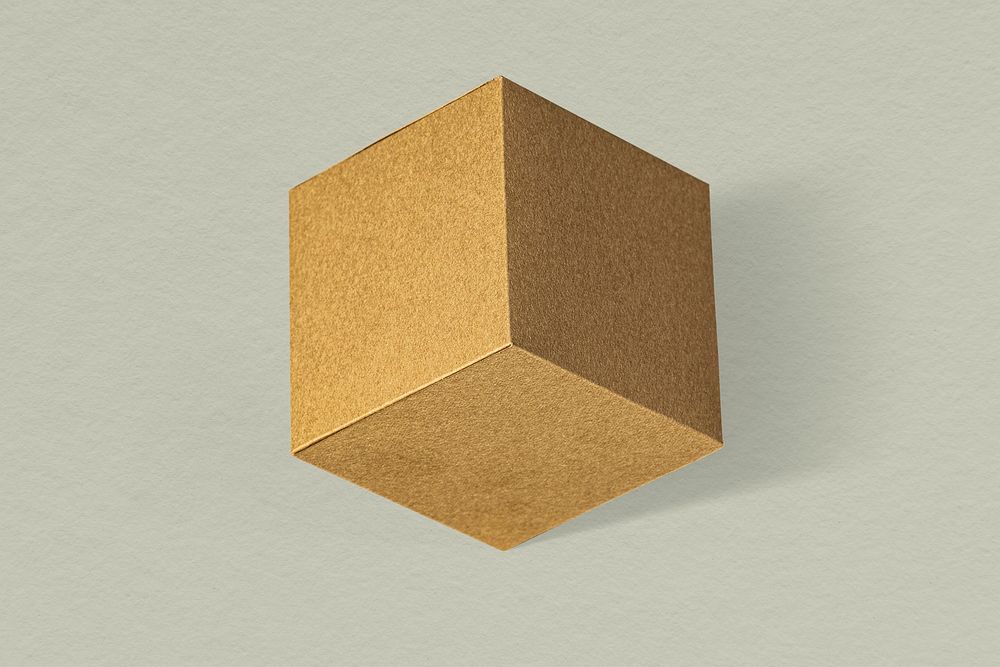 3D golden cubic paper craft on a sage green background