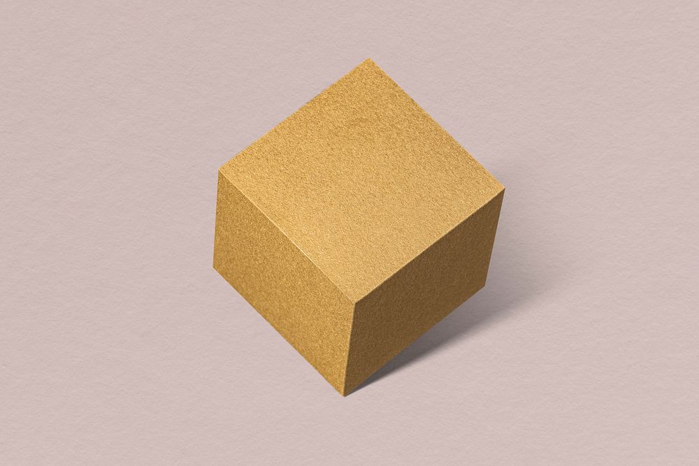 3D golden cubic paper craft on a dull pink background