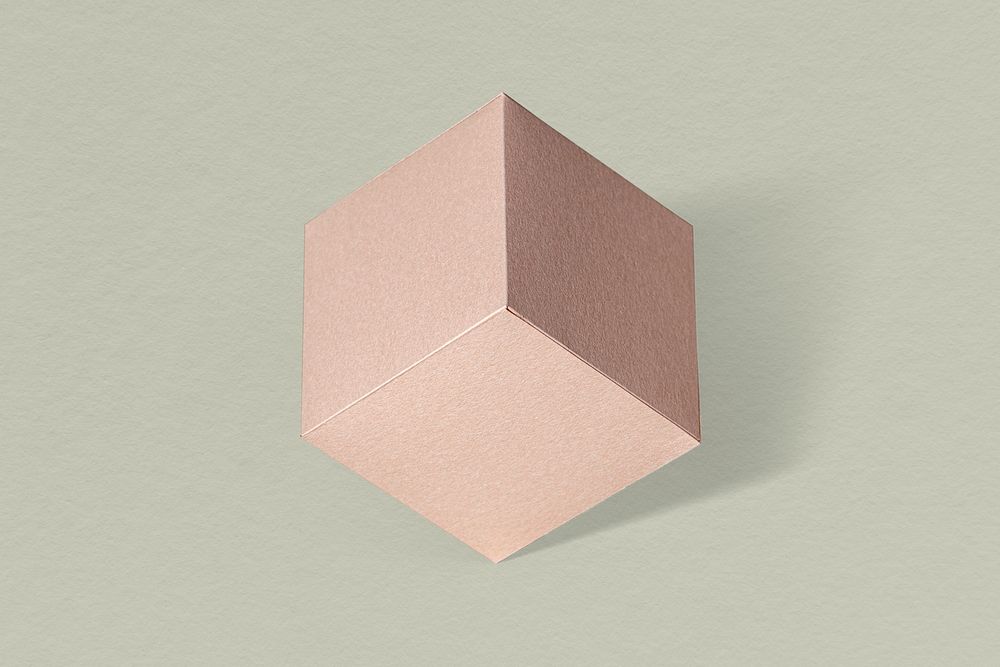 3D pink cubic paper craft on a sage green background
