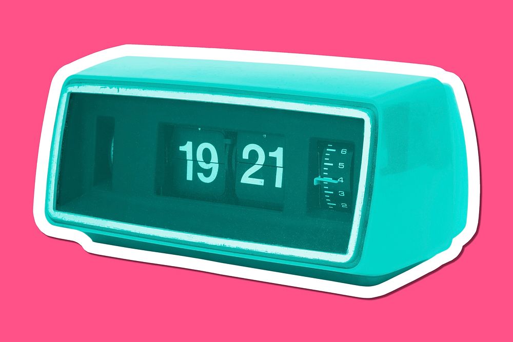 Retro turquoise flip clock sticker with a white border design element