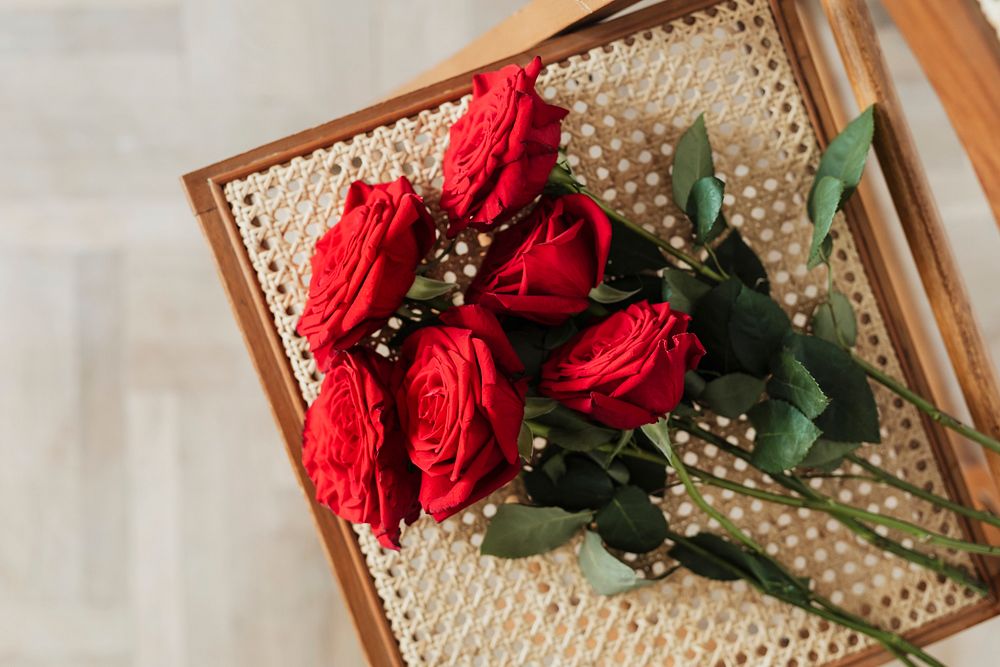 Bunch or red roses on a wooden chair