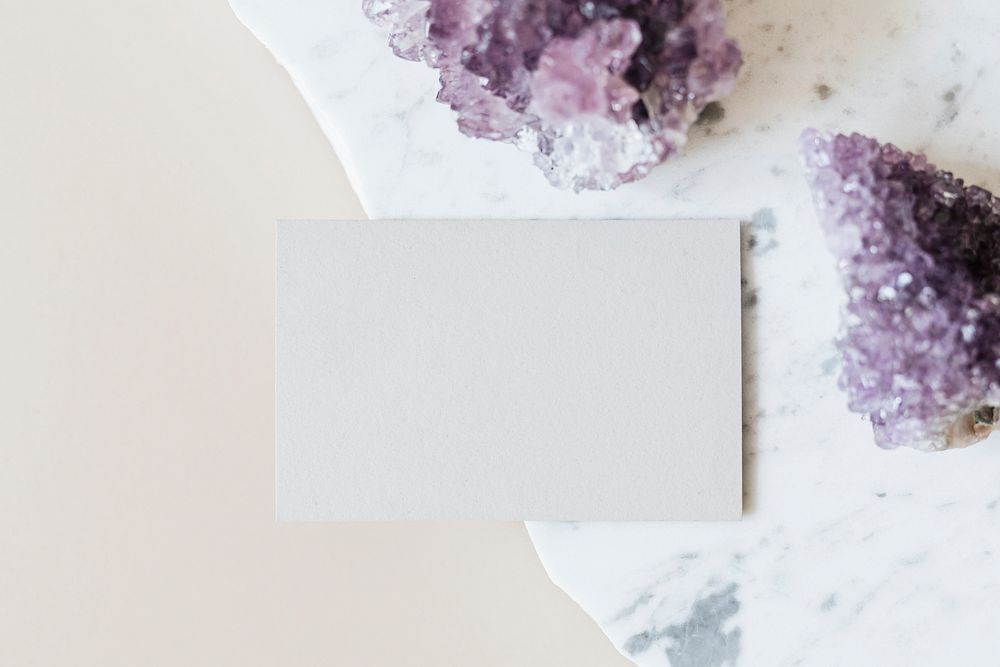 Amethyst healing crystal by a card mockup 