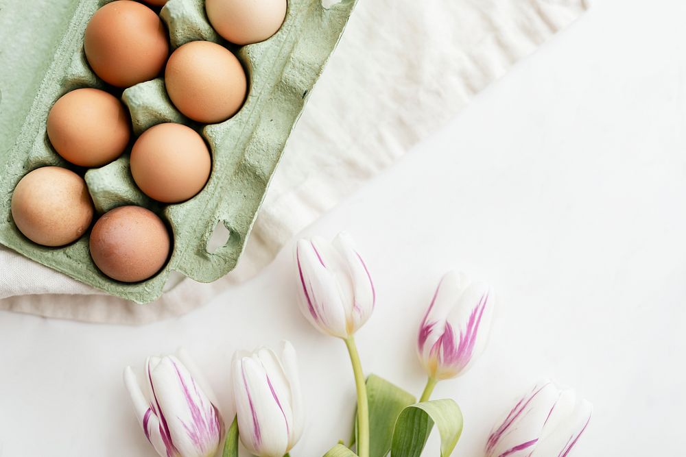 Easter eggs in a green carton and tulips flatlay
