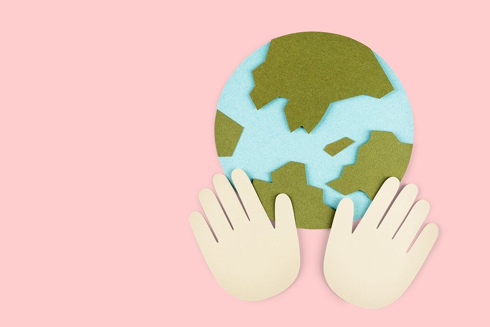 Hands supporting the planet earth during coronavirus pandemic paper craft background mockup