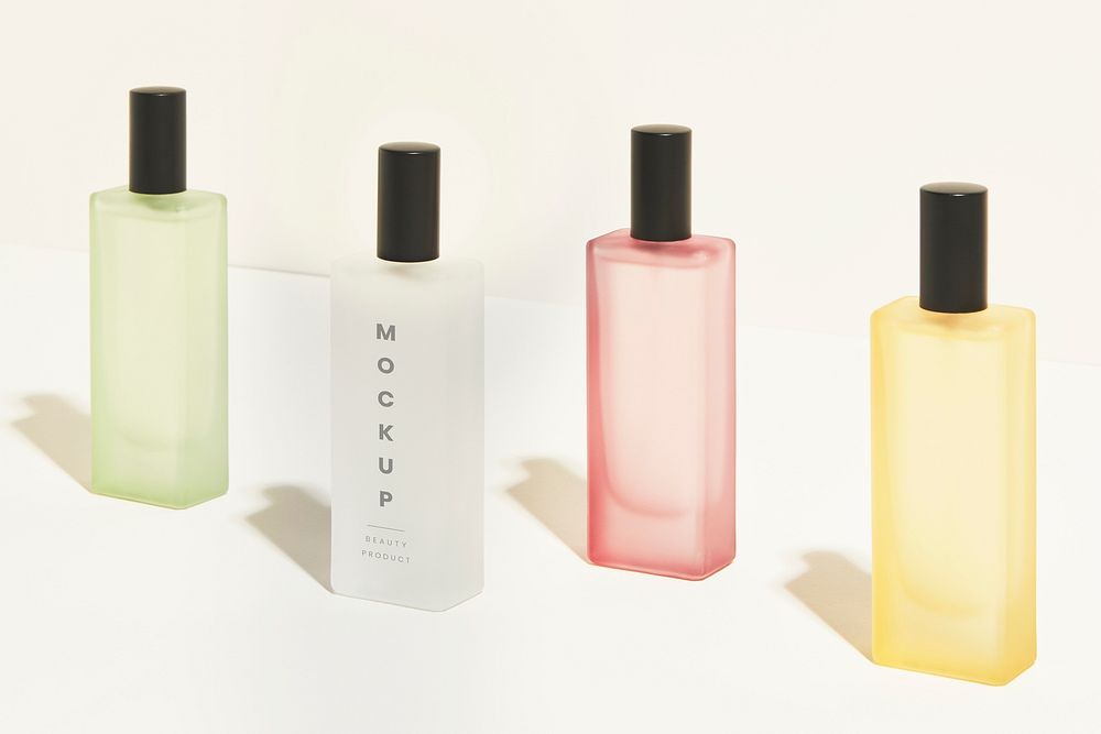 Collection of colorful perfume packaging mockup design