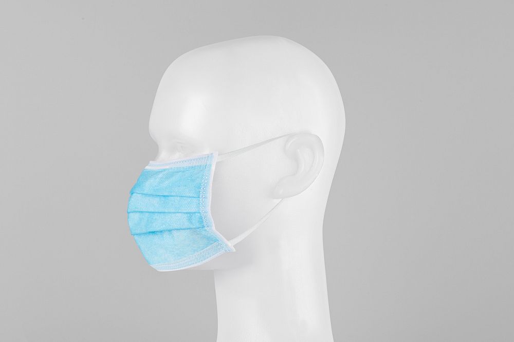 Blue surgical face mask on a mannequin
