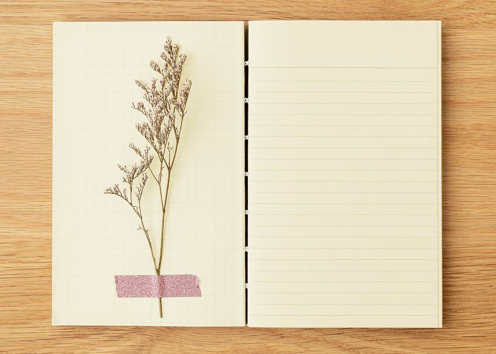 Dried flower on a blank lined notebook mockup