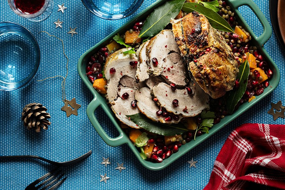 Festive holiday dinner with roasted Christmas ham food photography