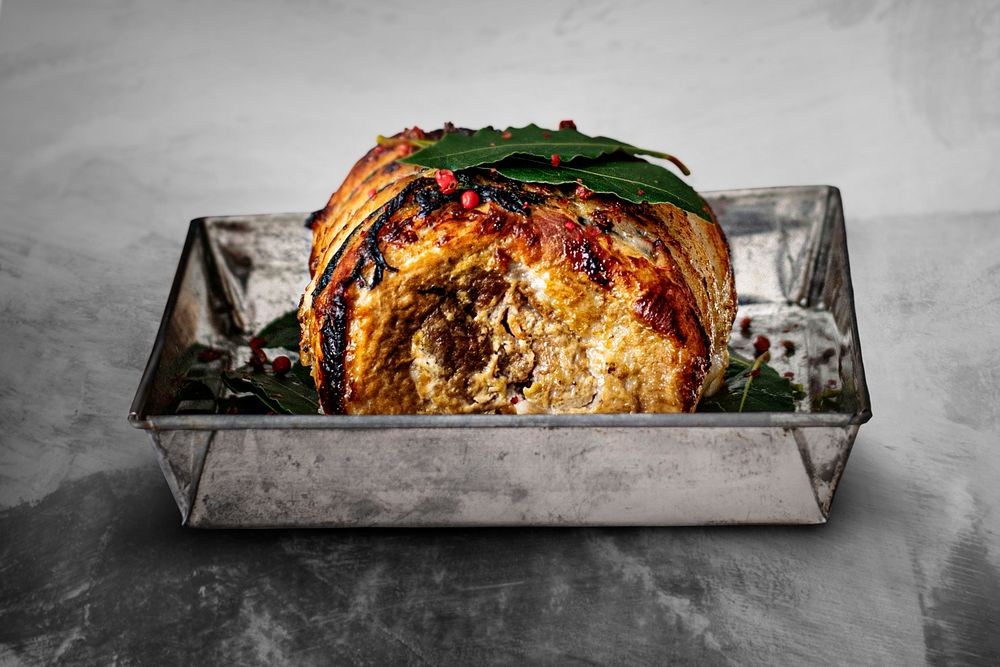 Roasted Christmas ham table psd mockup with pomegranate and lentils on a tray