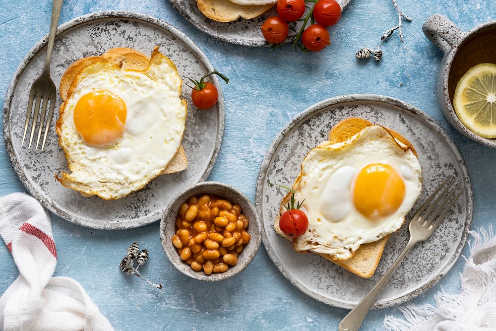 Holiday breakfast with beans toast and eggs food photography