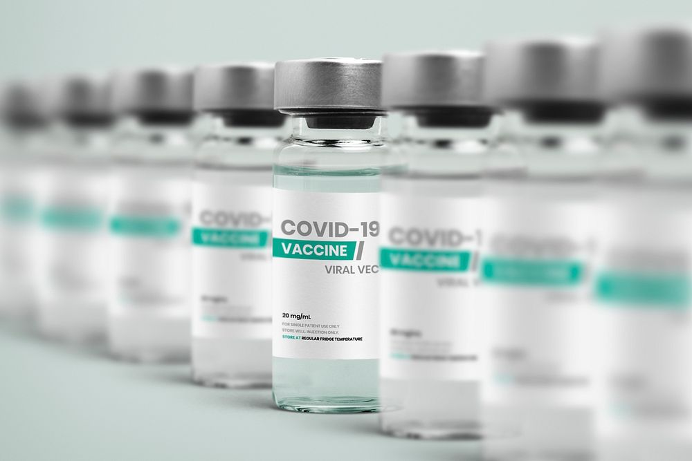 COVID-19 vaccine bottle label mockups psd in a row