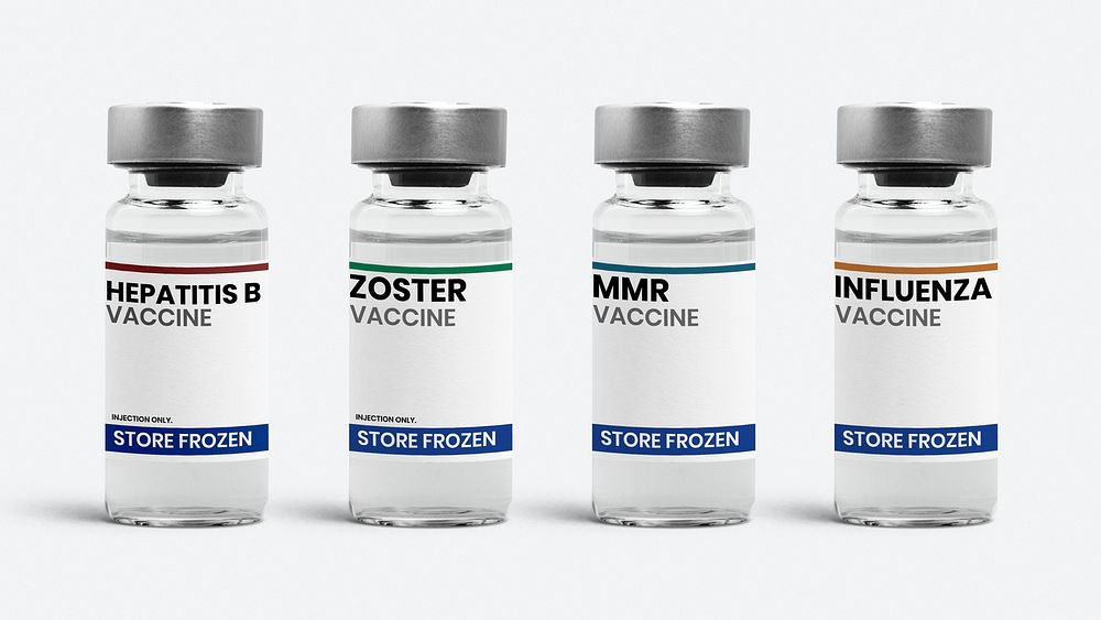 Basic vaccines in glass bottle psd mockups