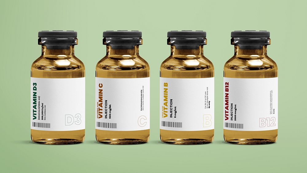 Amber injection vial label mockups psd for vitamins