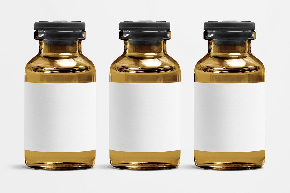 Three amber injection vial bottles with psd label mockups