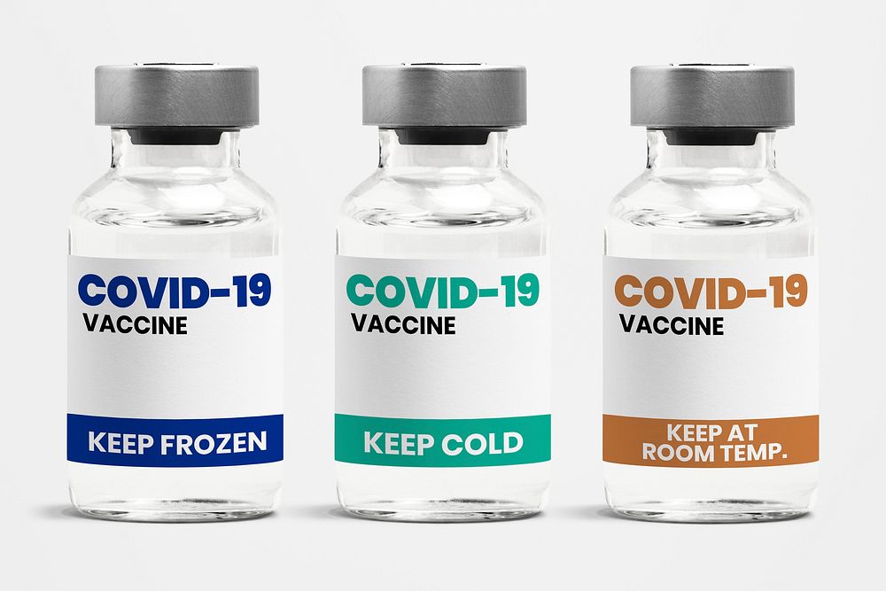 Different types of COVID-19 vaccine in glass vial bottles with different storage temperature condition label psd mockups
