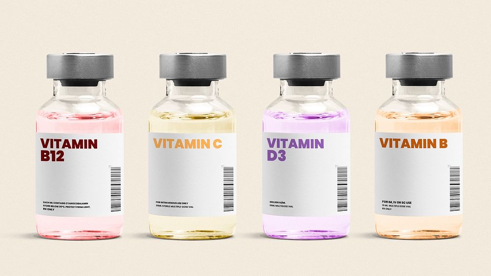 Vitamin injection vial label mockups on glass bottles psd with colored liquid