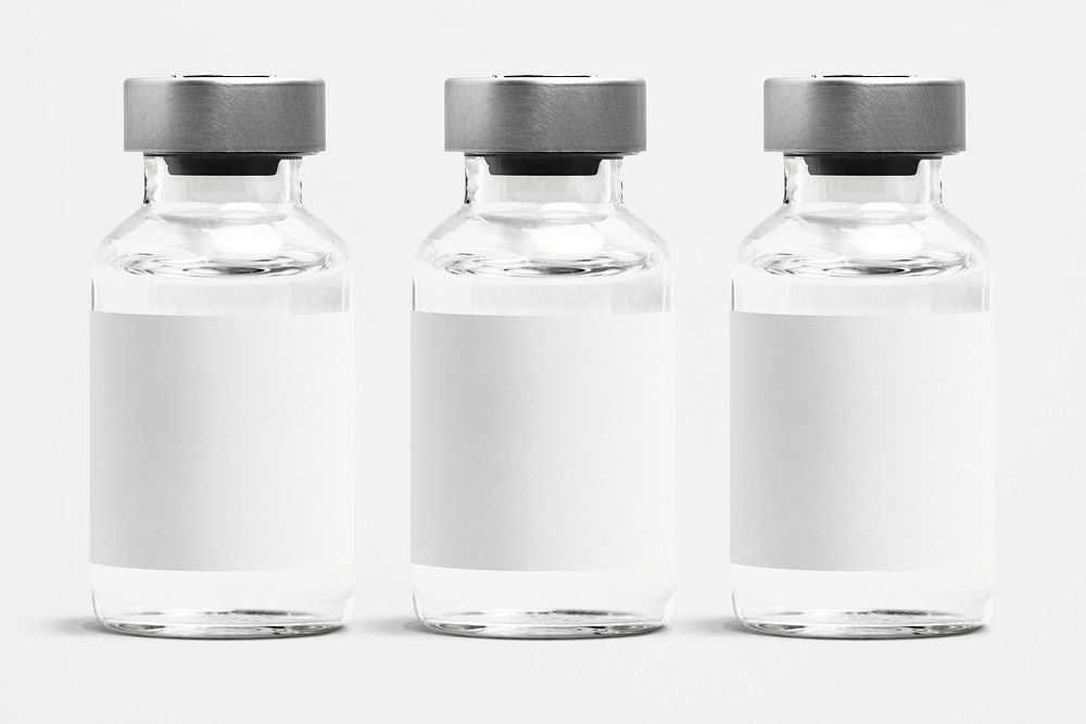 Three injection vial bottles with psd label mockups