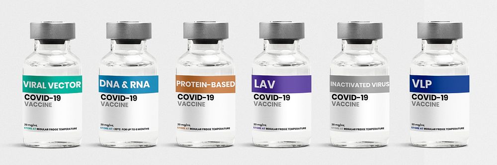 Six different types of COVID-19 vaccines vial bottles with psd label mockups