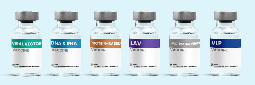Six different types of COVID-19 vaccines vial bottles with psd label mockups