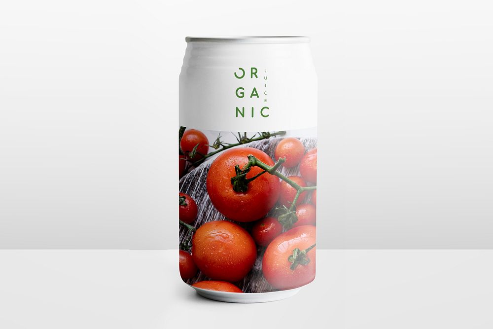 Aluminium tin can mockup psd containing organic fruit juice