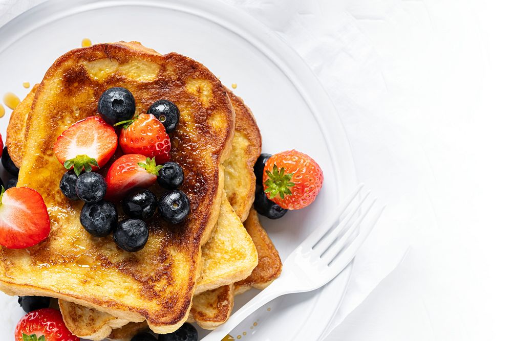 French toast mixed berries freshly made breakfast food photography flat lay