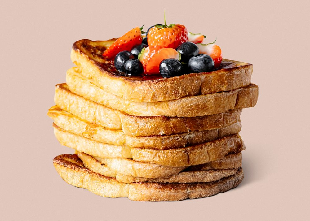 Stacked french toast mockup psd with mixed berries, breakfast food photography