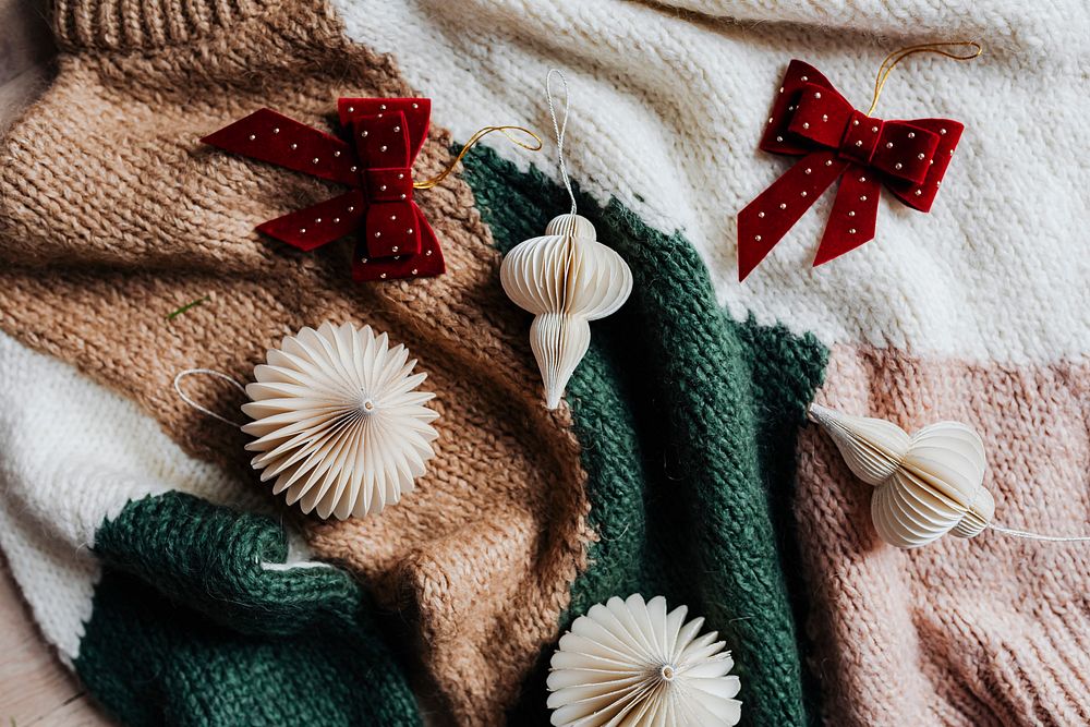 Christmas ornaments on a knitted sweater