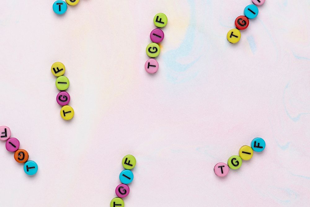 TGIF text alphabet beads pastel watercolor background