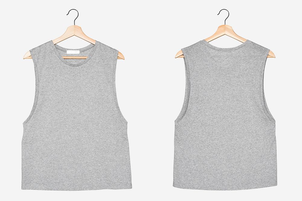 Gray sleeveless shirt mockup psd on a hanger streetwear fashion