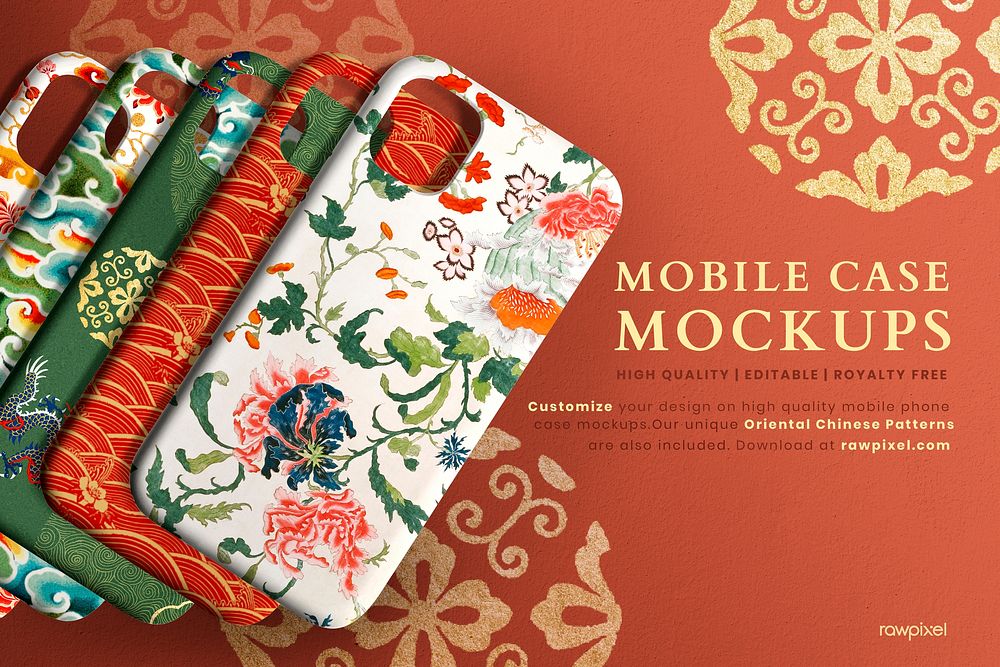 Mobile phone case mockups psd set Chinese pattern back view product showcase