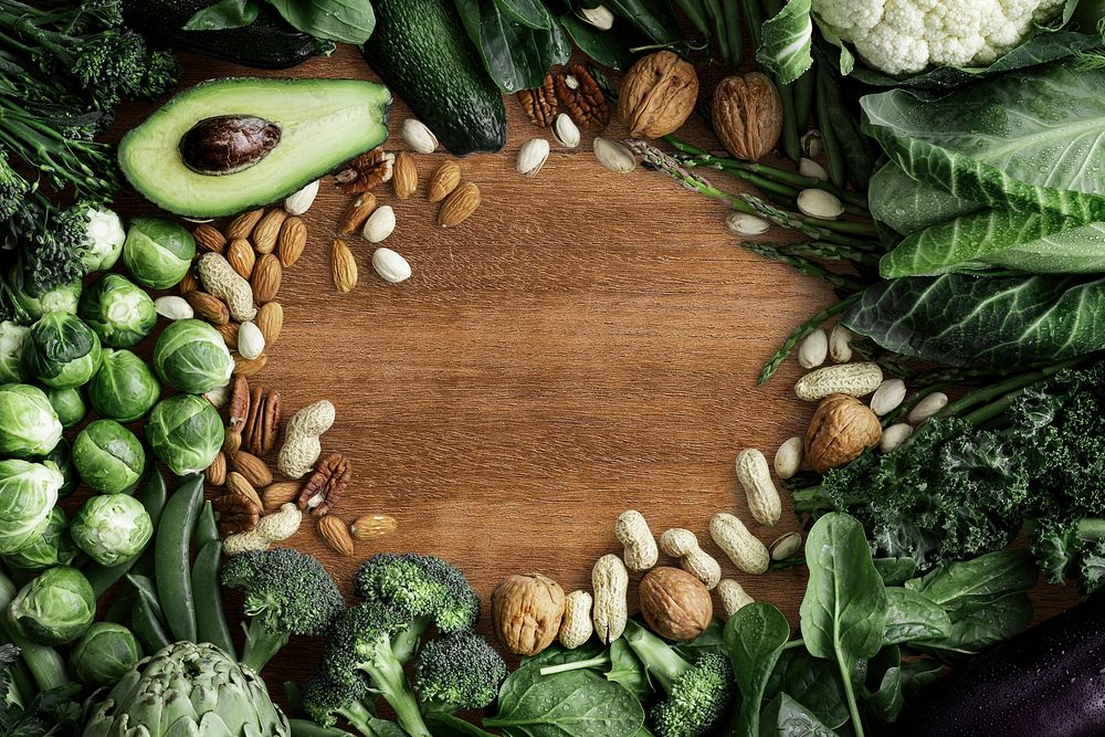 Green vegetable frame with nuts and avocado