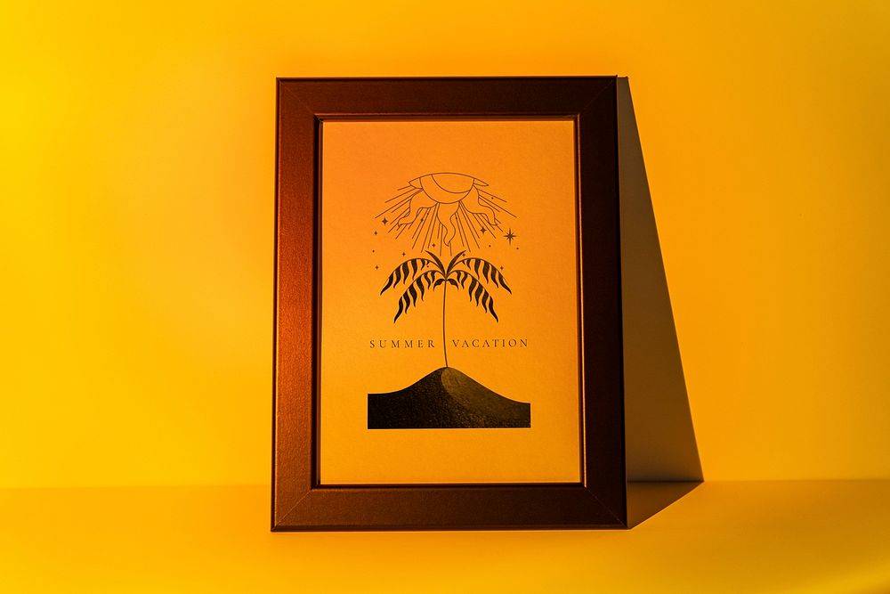 Picture frame psd mockup with yellow sunset projector lamp