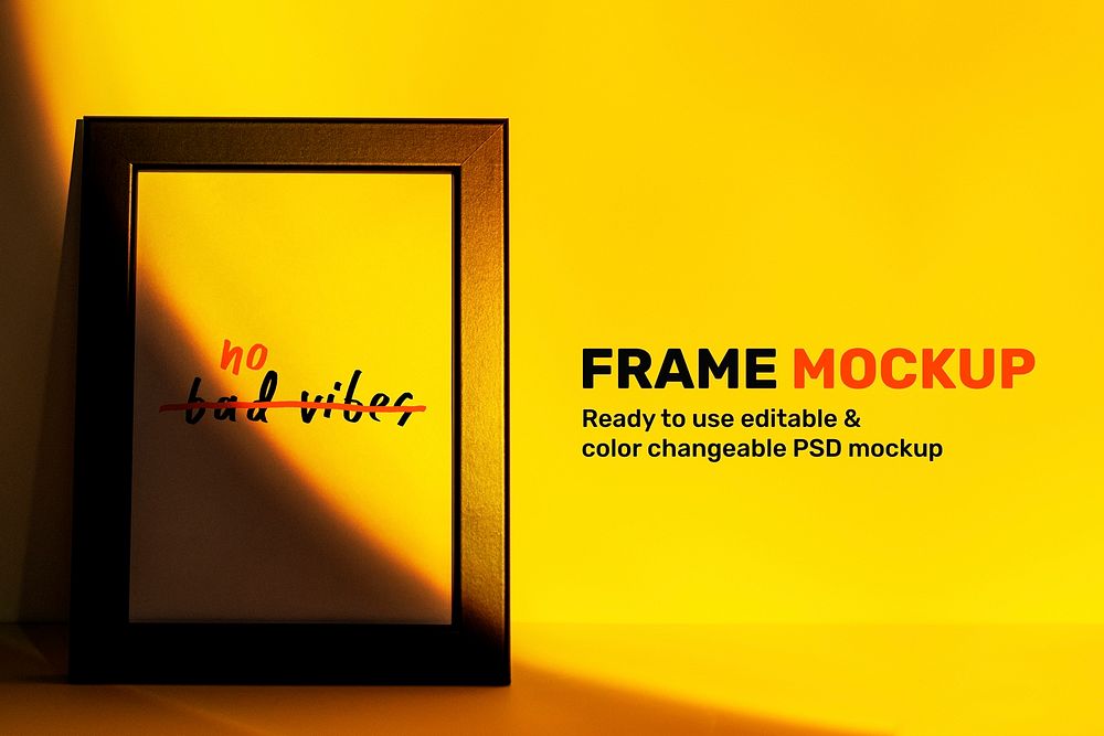 Picture frame psd mockup with yellow sunset projector lamp
