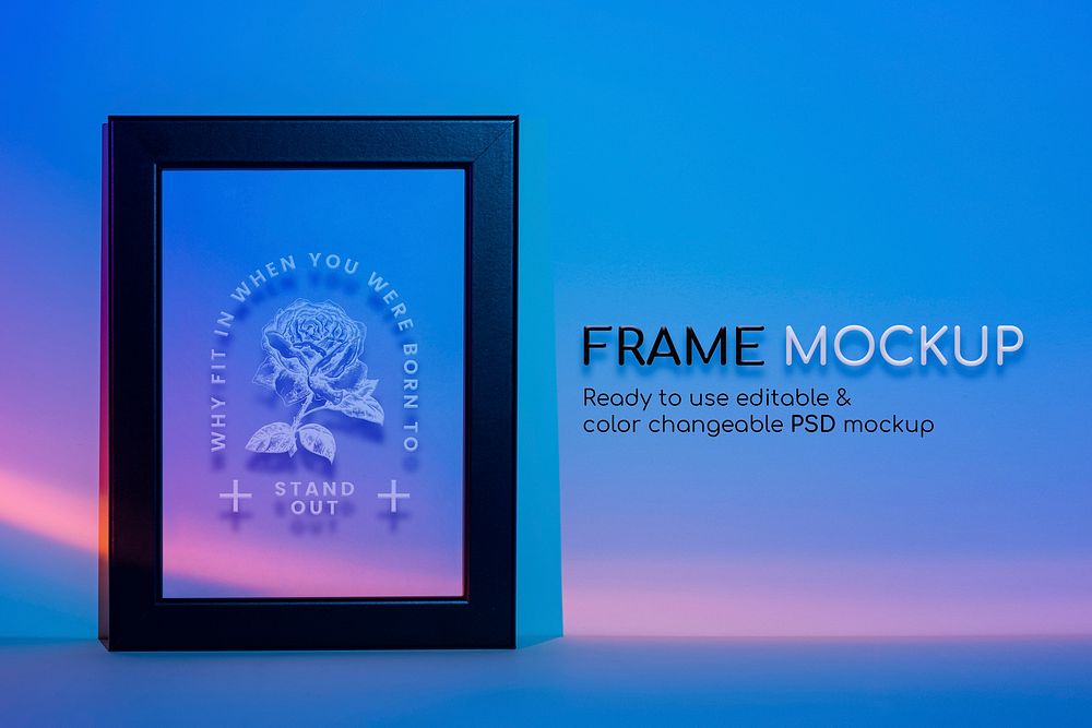 Picture frame psd mockup with blue retro futurism style