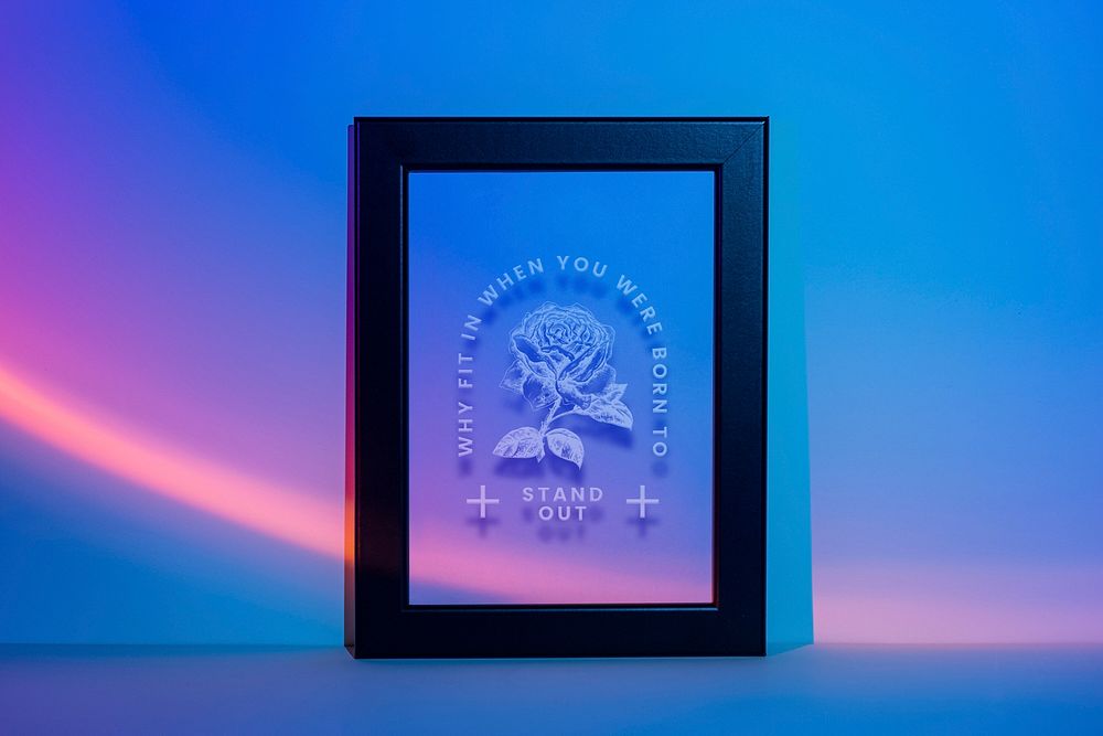 Picture frame psd mockup with blue retro futurism style