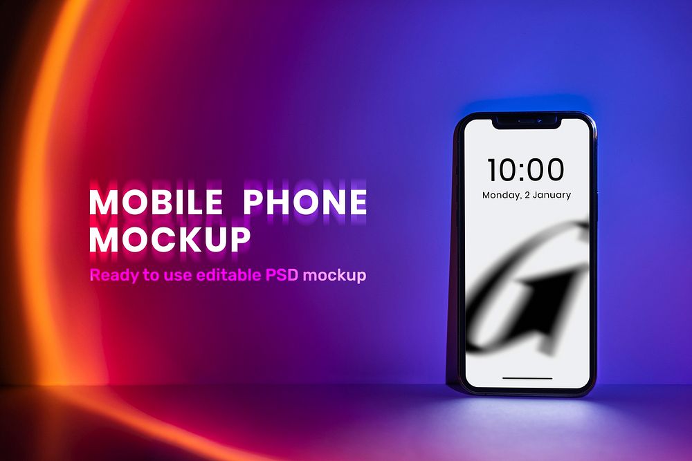 Mobile phone psd mockup with purple sunset projector lamp