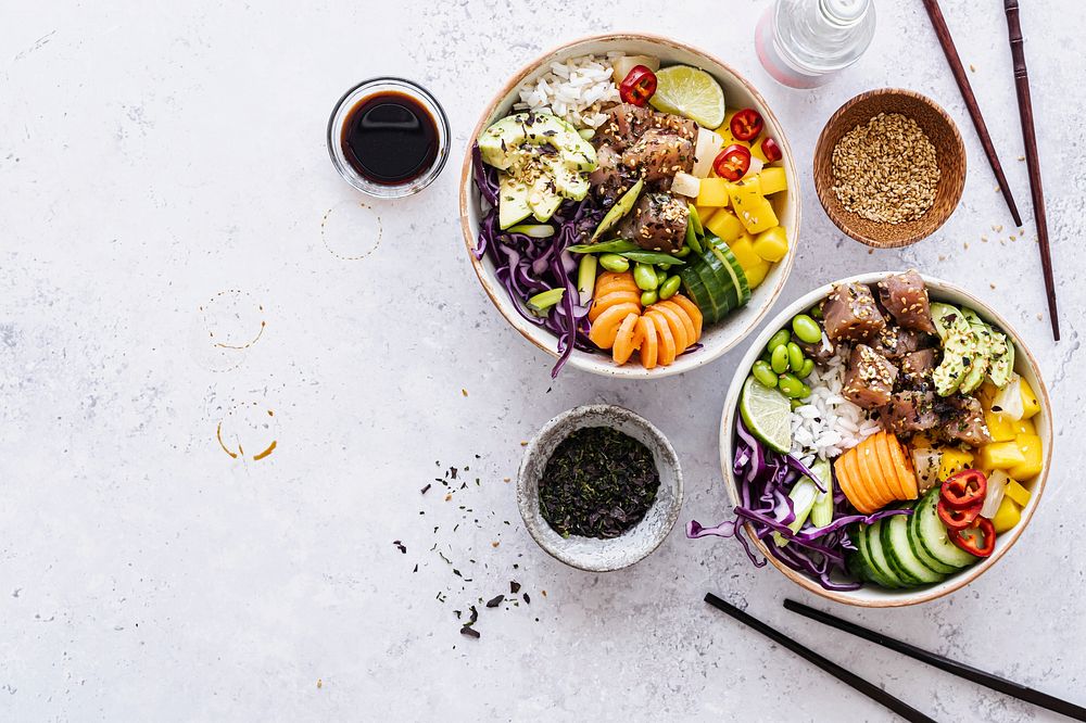 Hawaiian tuna poke bowl flat lay photography