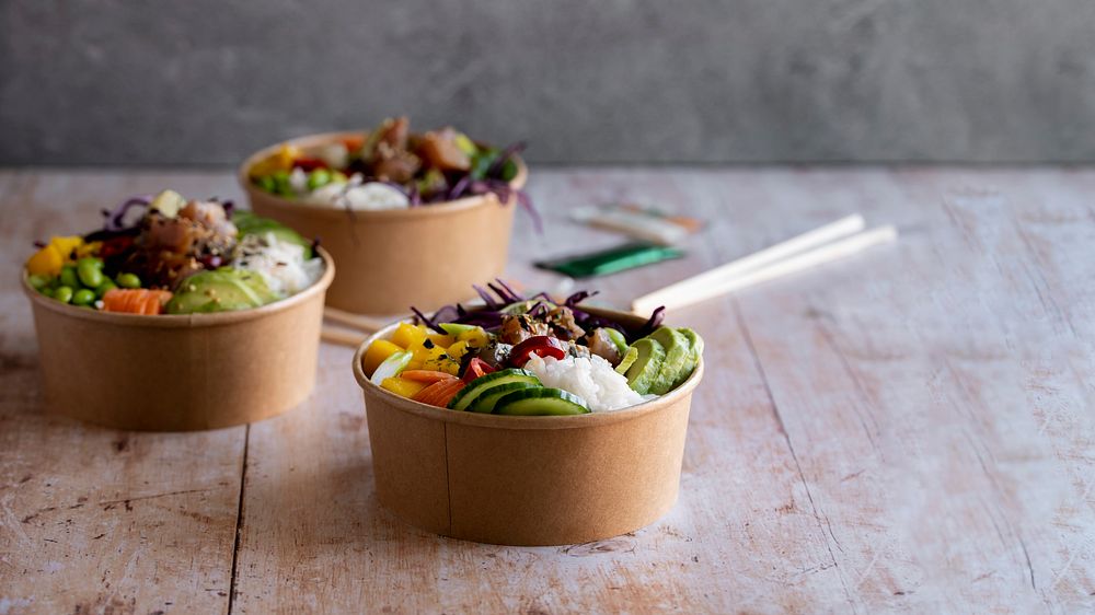 Takeaway ahi tuna poke bowls photography